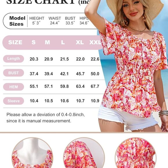 Women's Summer Off The Shoulder Short Sleeve Chiffon Blouse Ruffle Hem Tops - Picture 5 of 6